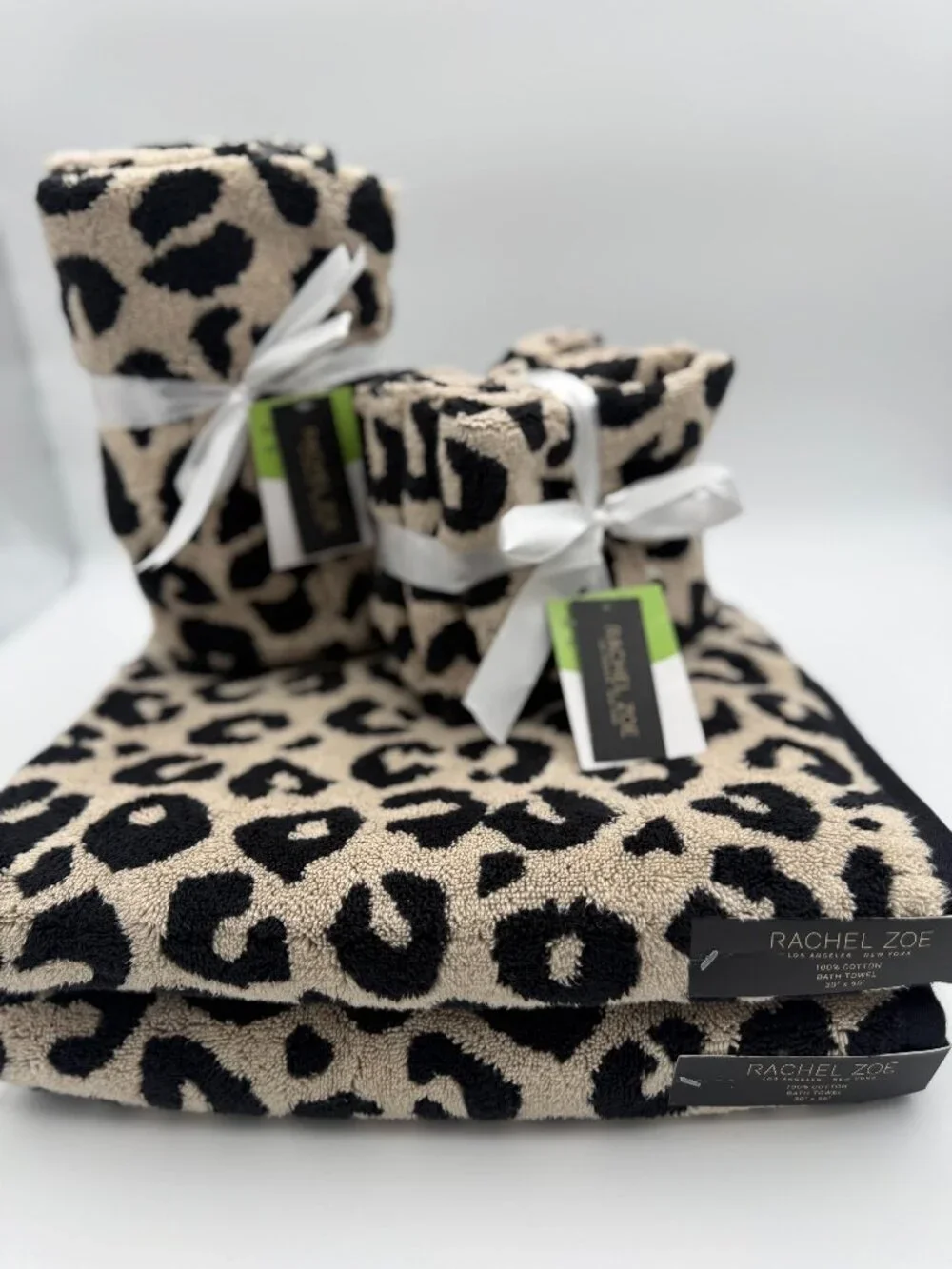 Rachel Zoe Leopard Print 8 Pc Bath Towel Set 100% Cotton Beige Black NWT